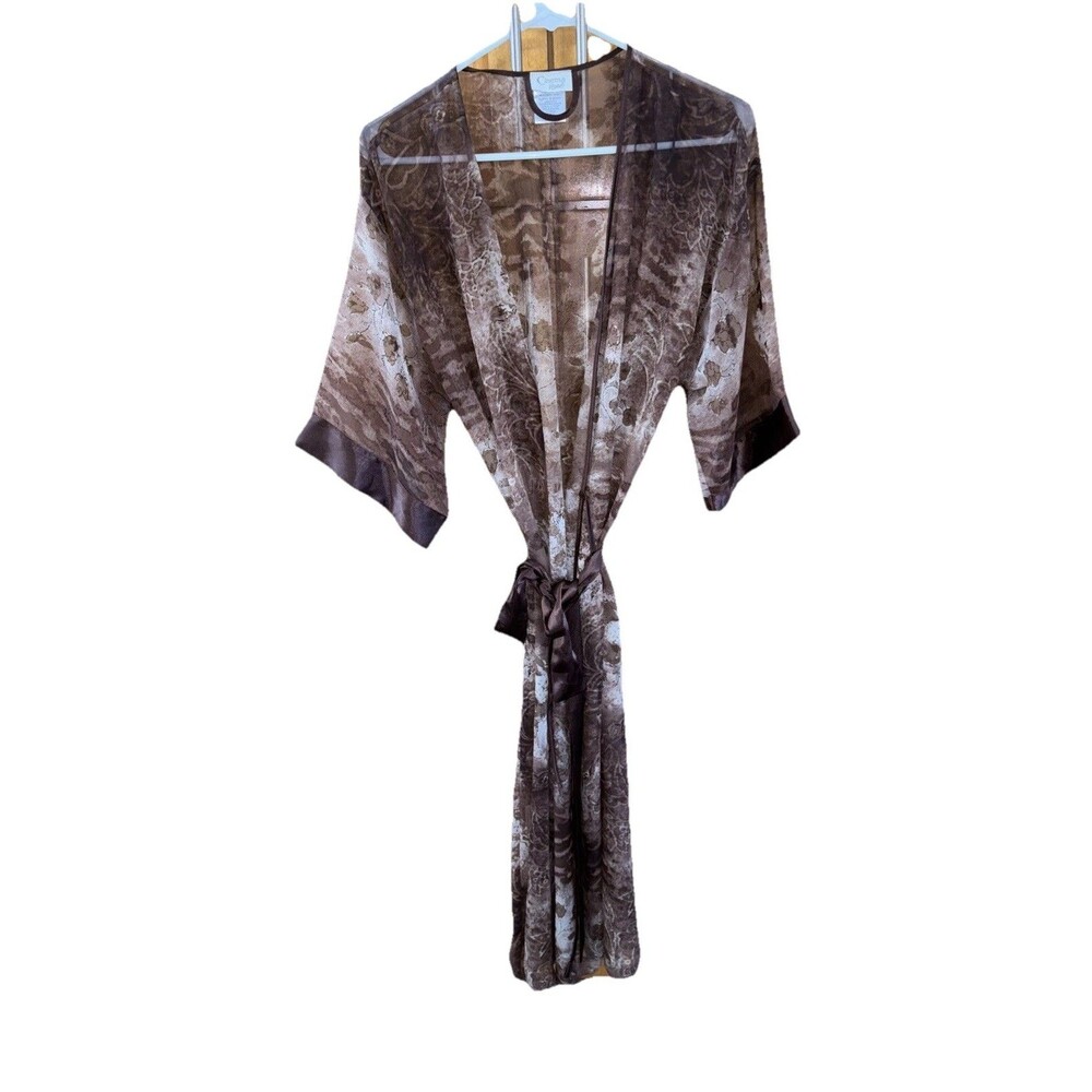 CINEMA ETOILE Brown Sheer Robe Floral Long Duster Kimono Cover Up Belted
